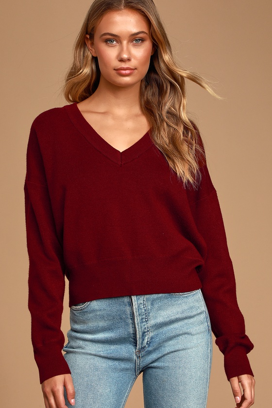 Cozy Attitude Wine Red V-Neck Knit Sweater - Lulus