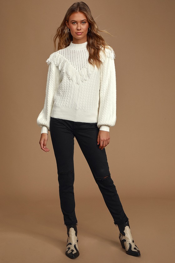 cable knit fringe sweater