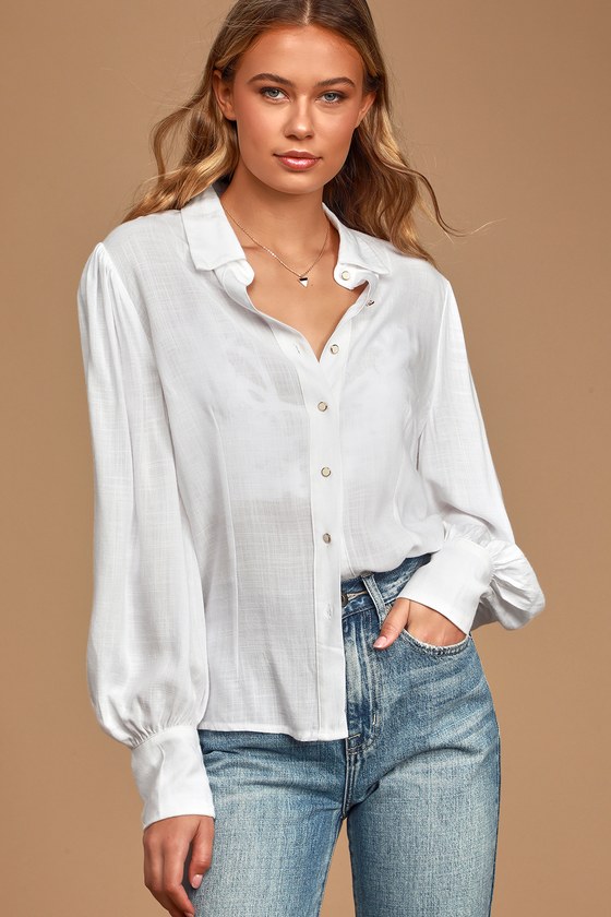 Road Trip White Puff Sleeve Button-Up Top