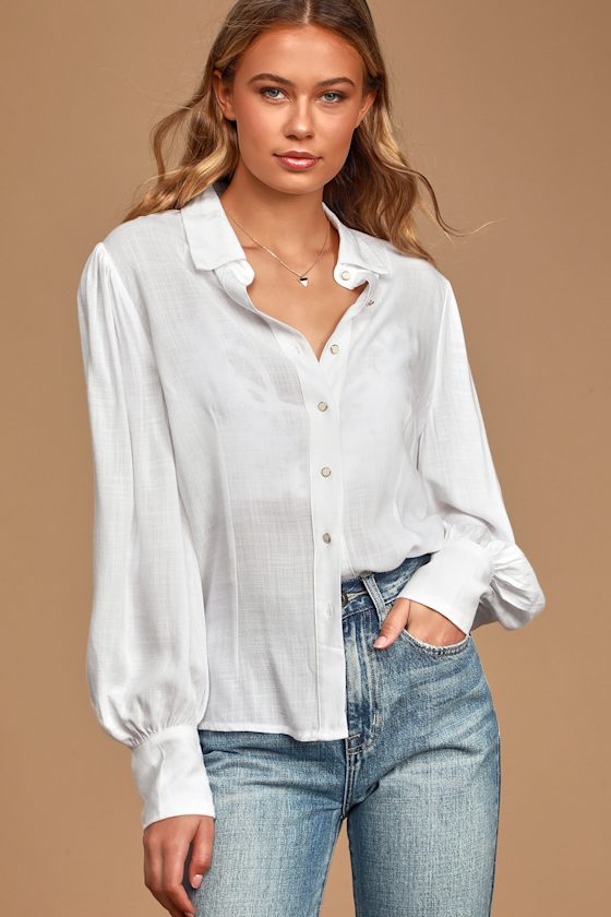 Cute White Top ButtonUp Top Puffy Long Sleeve Top Lulus