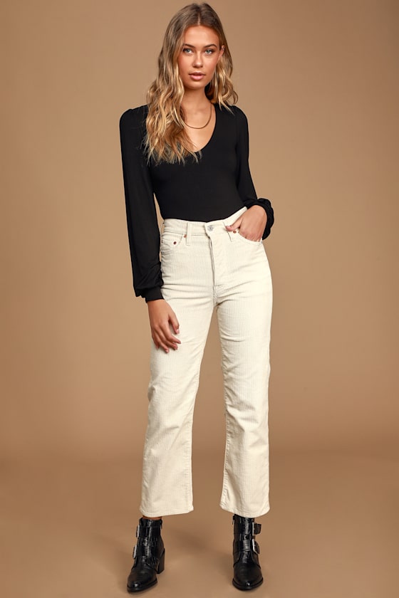 Ribcage Beige Corduroy Straight Ankle Jeans 2