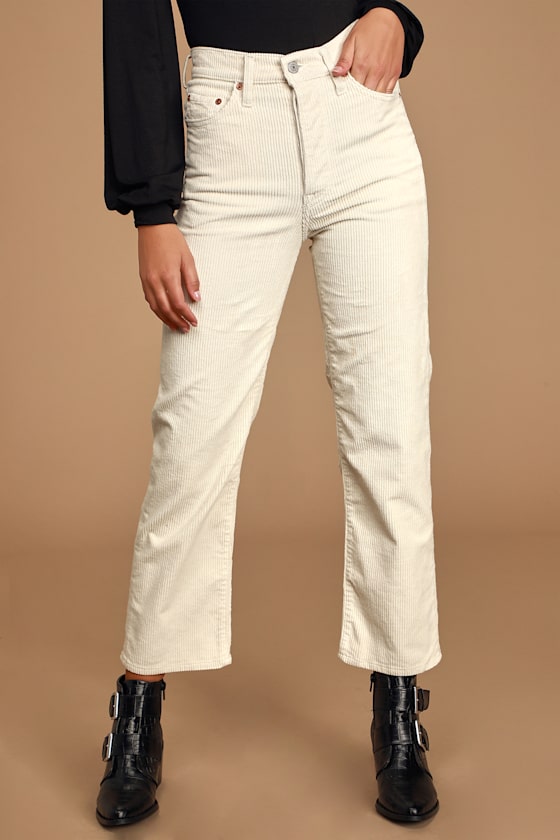 Ribcage Beige Corduroy Straight Ankle Jeans 3