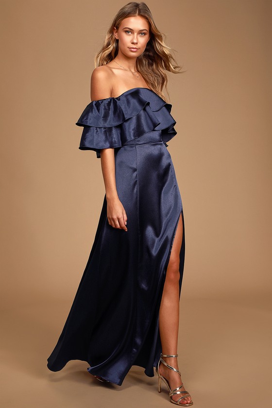 blue satin off the shoulder dress