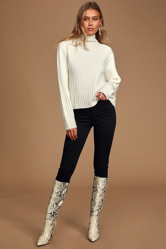 All Set White Ribbed Knit Backless Turtleneck Sweater 4