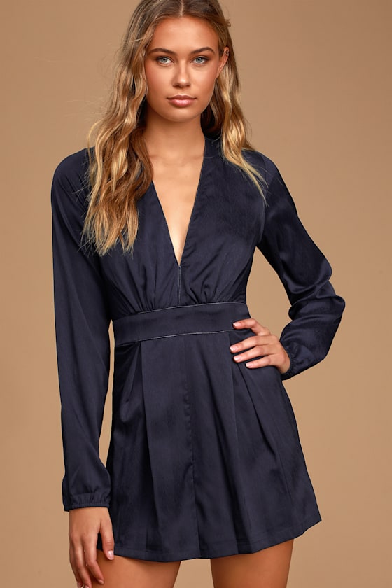 Cute Navy Blue Satin Romper Long Sleeve Romper VNeck Romper Lulus