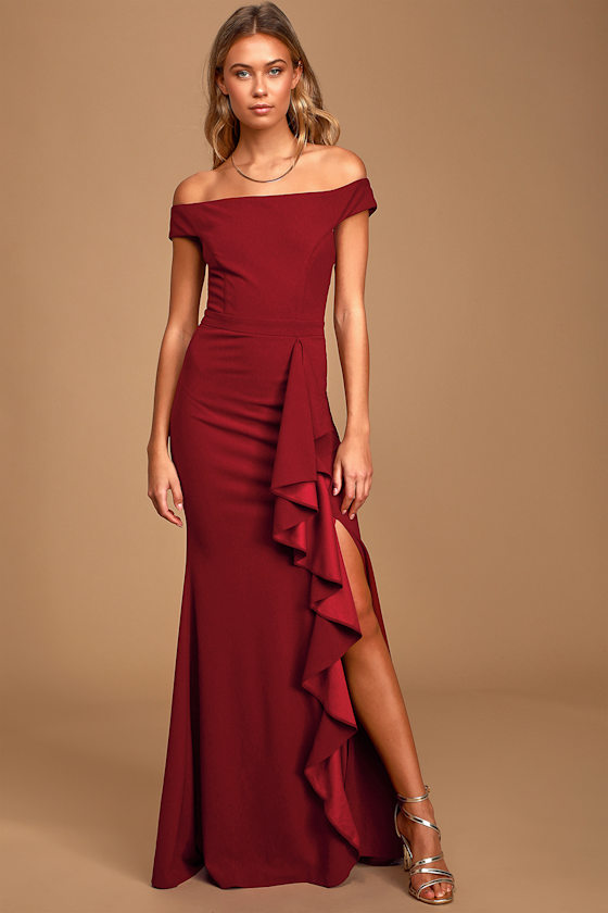 Mila Burgundy Ruffled Off-the-Shoulder Maxi Dress 1