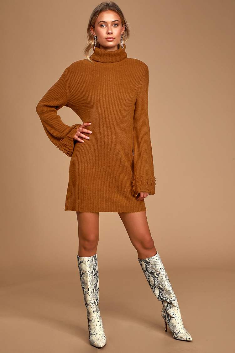 brown turtleneck sweater dress Just Right Mini in Taupe long sleeves Turtleneck Ribbed Slit Sweater Dress