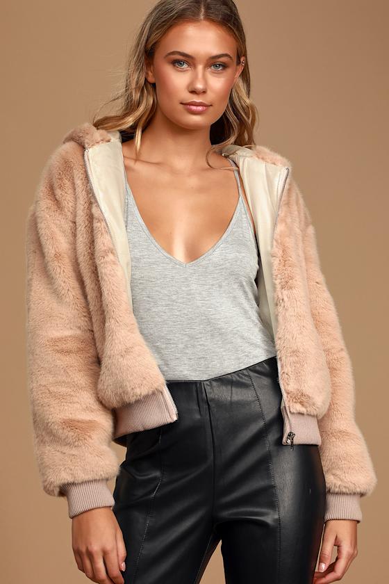 Count Me In Beige Faux Fur Hooded Bomber Jacket 5