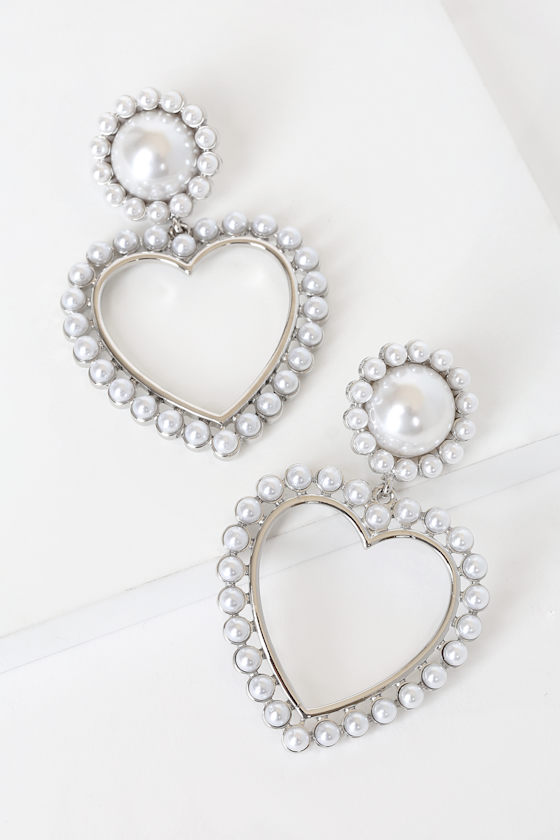 Perfect Crush Silver Pearl Heart Earrings 1