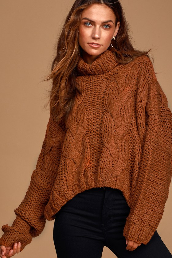 Cute Rust Brown Sweater - Cable Knit Sweater - Turtleneck Sweater - Lulus