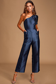 Divine Dream Navy Blue Satin One-Shoulder Cutlotte Jumpsuit 1