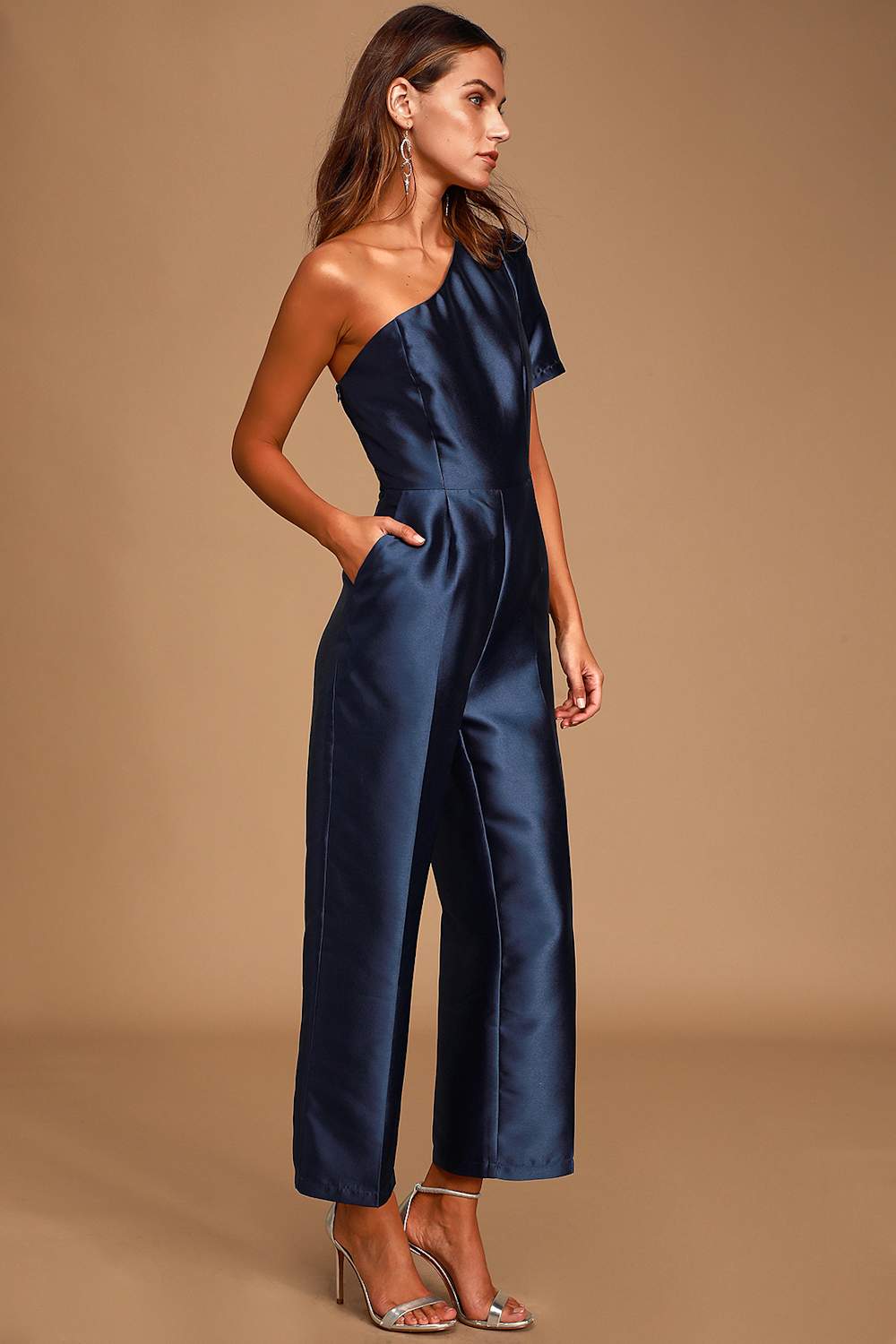 Divine Dream Navy Blue Satin One-Shoulder Culotte Jumpsuit