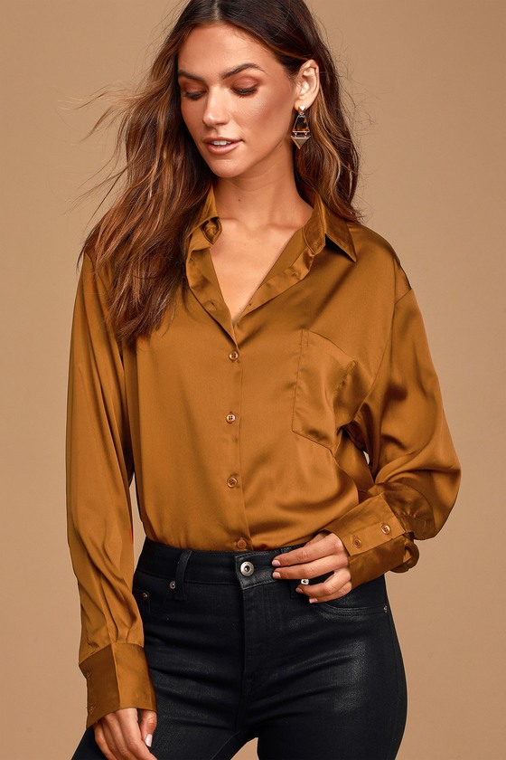 Chic Rust Brown Blouse - Satin Button-Up Top - Collared Blouse - Lulus