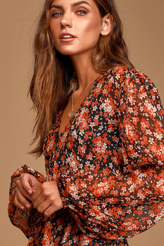 Chic Black Floral Top Long Sleeve Top ButtonFront Top Lulus