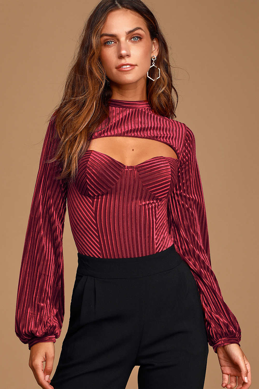 Always Alluring Burgundy Striped Velvet Cutout Bustier Bodysuit