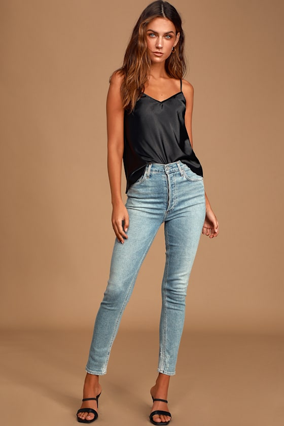 Only One Black Satin V-Neck Cami Top 2