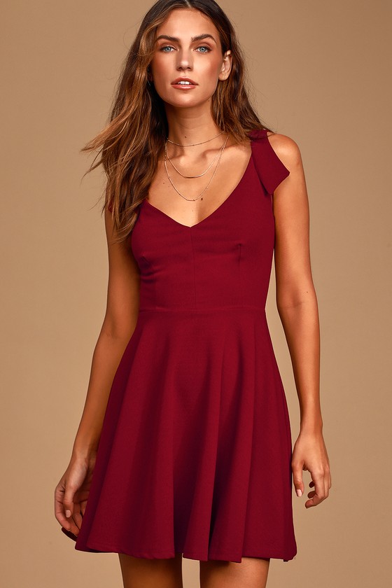 Cute Burgundy Dress - Tie-Strap Dress - Skater Dress - Mini Dress - Lulus
