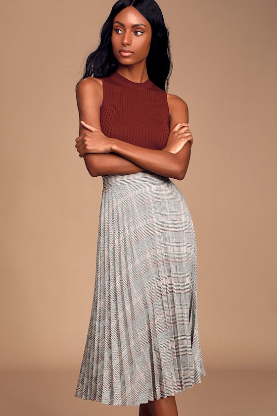 Ivy League Beige Multi Plaid Pleated Midi Skirt 1