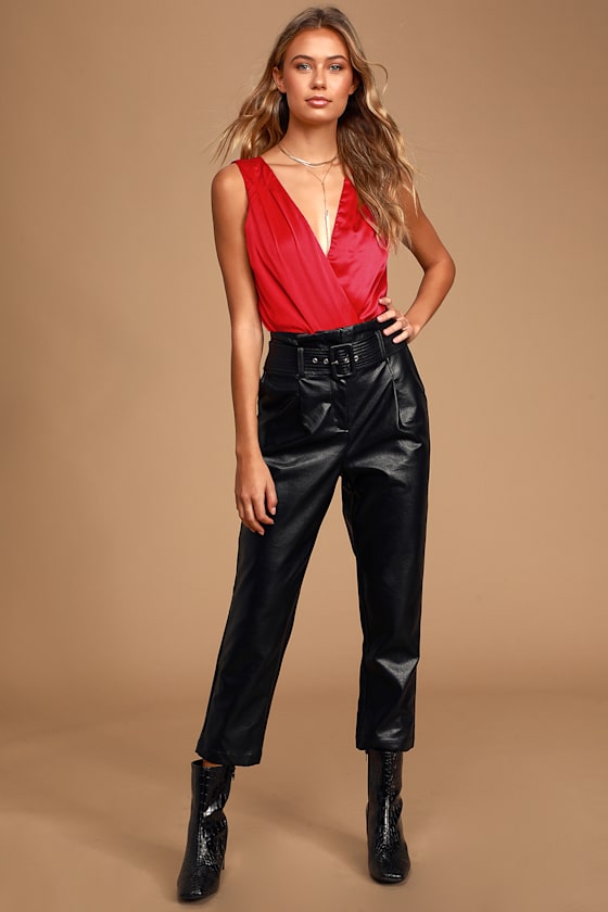 Prize Winning Red Satin Faux Wrap Bodysuit 1