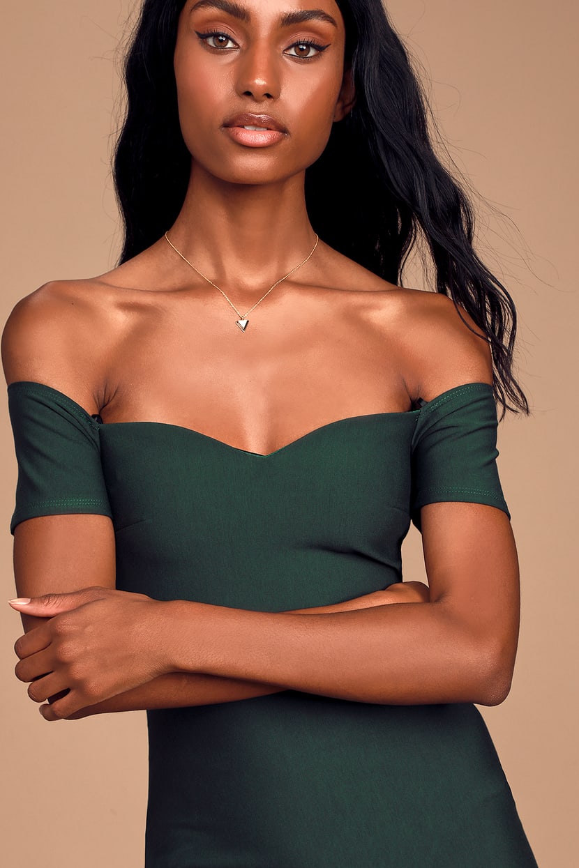 Dark Green Midi Dress - Trumpet Dress - Off-the-Shoulder Dress - Lulus Dark Green Midi Dress - Trumpet Dress - Off-the-Shoulder Dress - Lulus