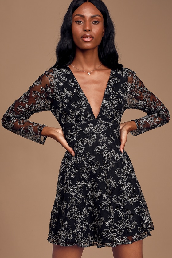 black embroidered dress long sleeve