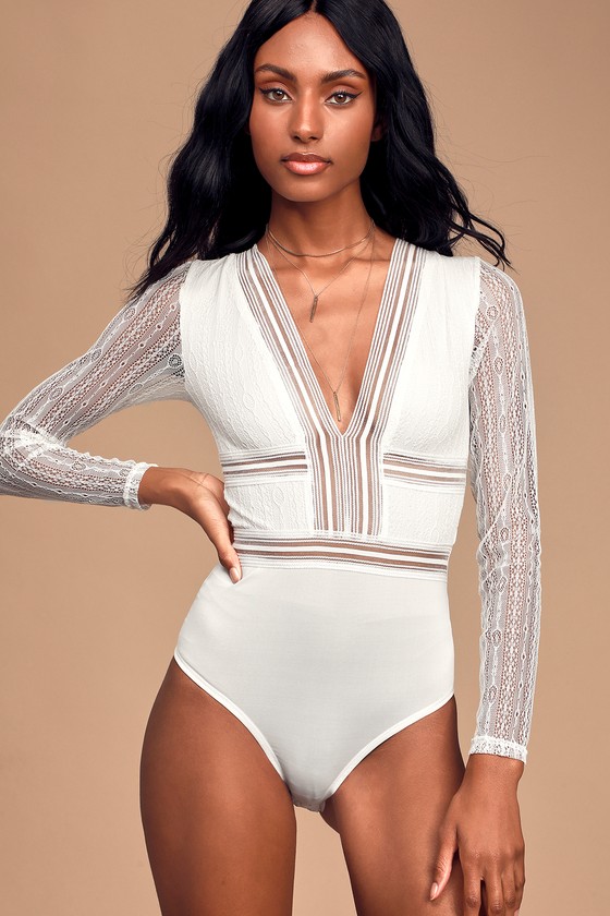 Sexy White Bodysuit - Sheer Lace Bodysuit - Long Sleeve