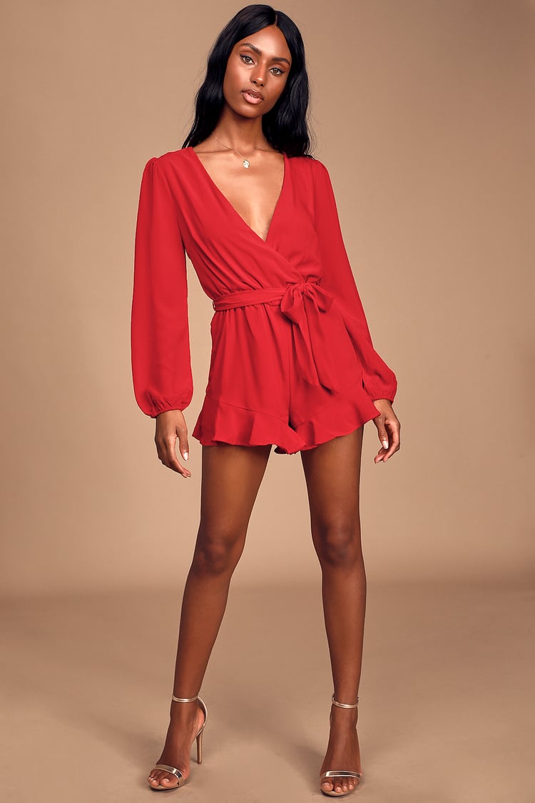 galning Fedt Ydeevne Ruffled Red Romper - Long Sleeve Romper - Surplice Romper - Lulus