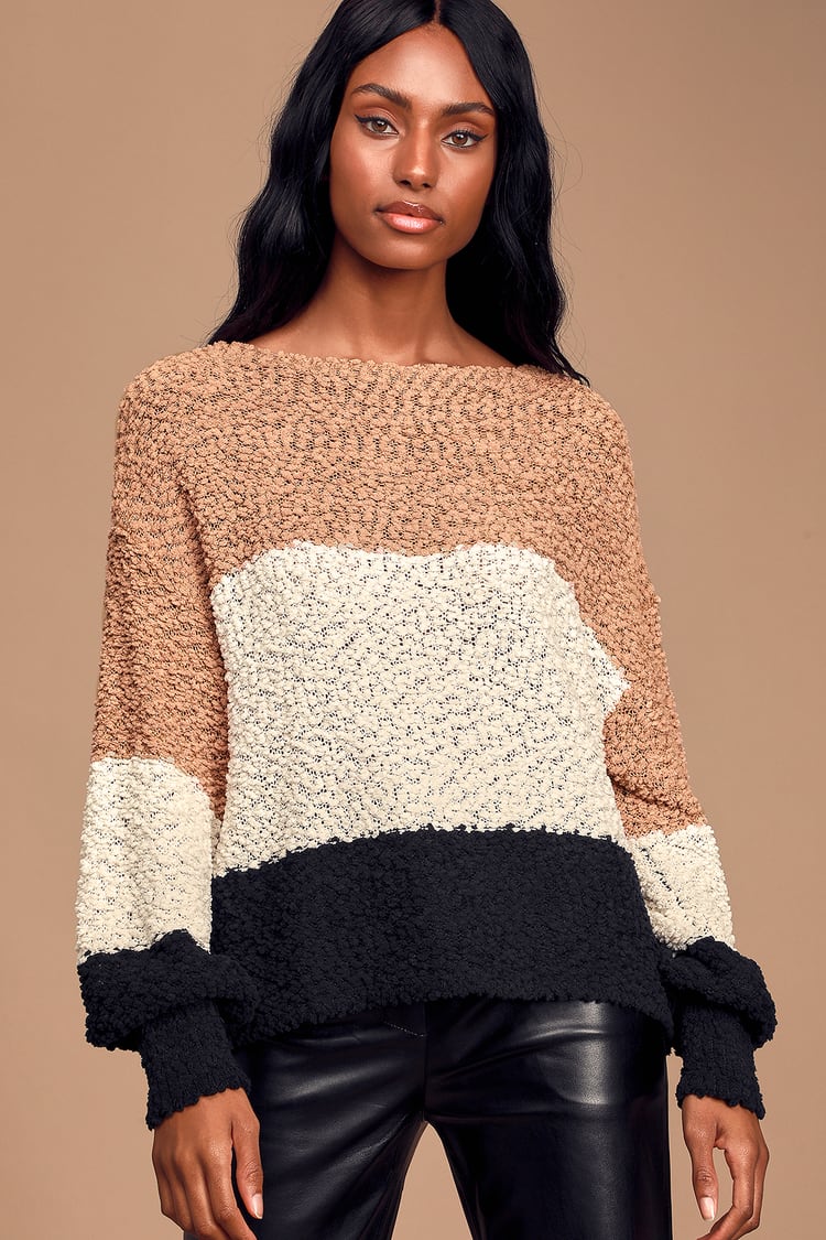 Always Be Together Camel Color Block Chenille Sweater