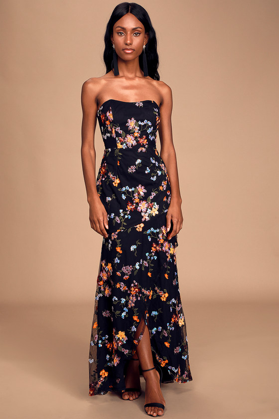 black floral strapless dress