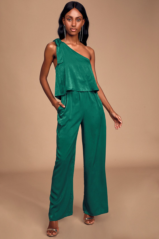 Sexy Green Jumpsuit - Satin Jumpsuit - One-Shoulder Jumpsuit - Lulus