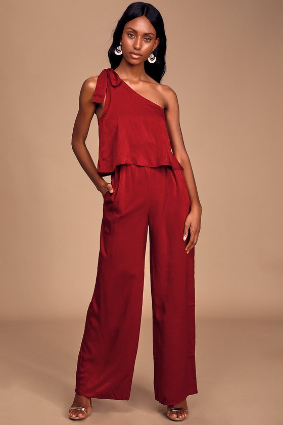 Bold Behavior Wine Red Satin One-Shoulder Jumpsuit