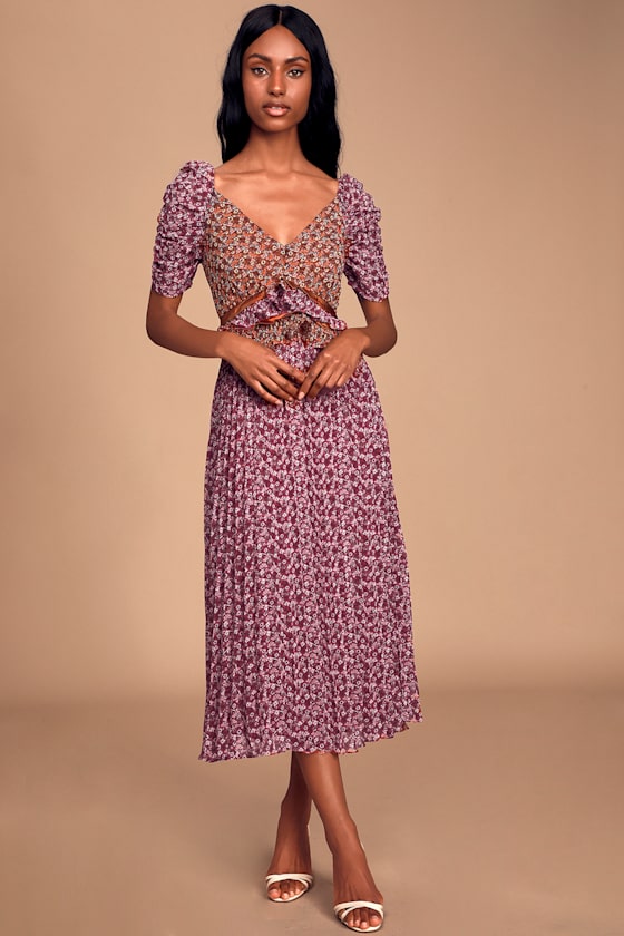 Affectionate Love Plum Purple Floral Print Ruffled Midi Dress