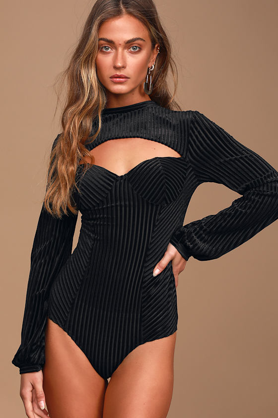 Always Alluring Black Striped Velvet Cutout Bustier Bodysuit - thumbnail 3