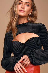 Always Alluring Black Striped Velvet Cutout Bustier Bodysuit