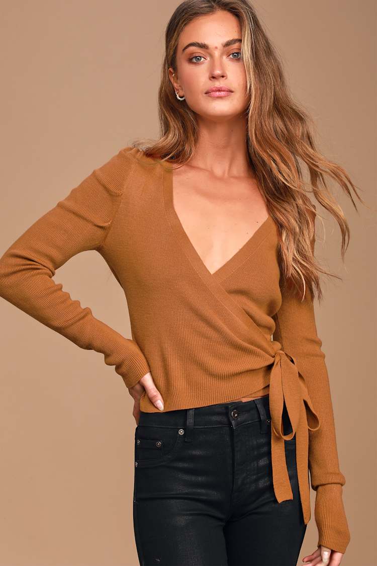 Get it Started Rust Brown Long Sleeve Wrap Sweater Top