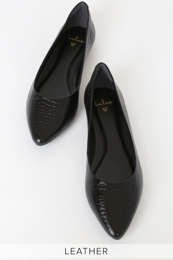 Lulus Black Crocodile Flats - Leather Flats - Pointed Toe Flats