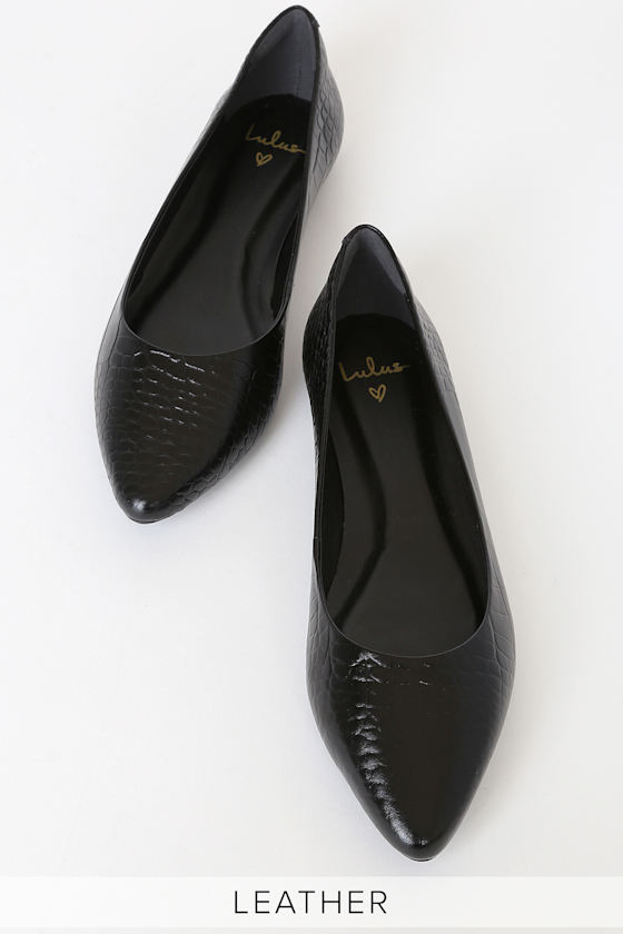 Holly Leather Black Crocodile Pointed-Toe Flats 1