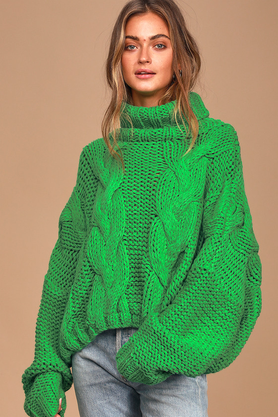 Cute Green Sweater - Cable Knit Sweater - Turtleneck Sweater - Lulus