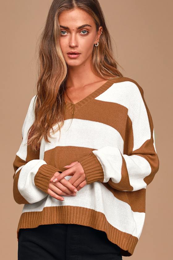 Cozy Up To Me White and Rust Brown Striped Knit Sweater 7