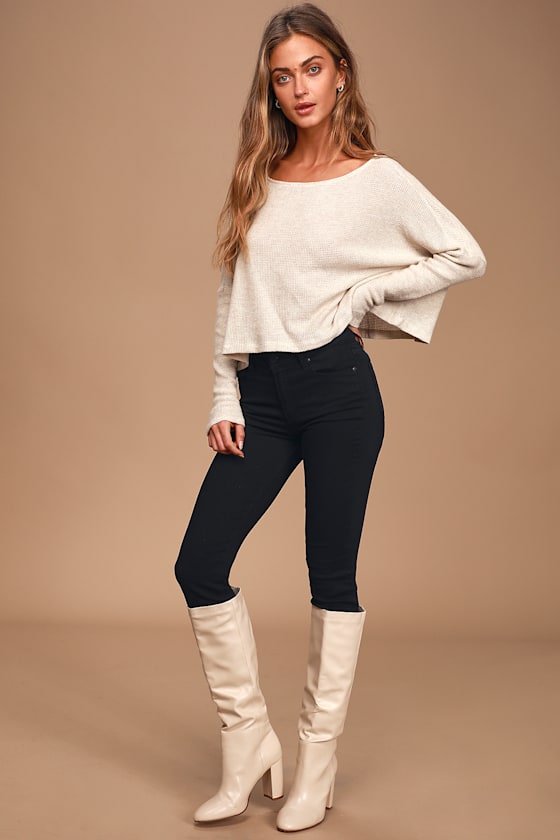 Illustrate Love Cream Waffle Knit Cropped Long Sleeve Top 1