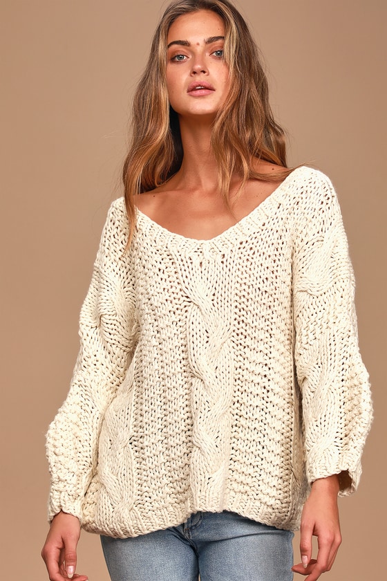 Equinox Beige Cable Knit Balloon Sleeve Sweater - Lulus