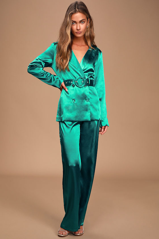 Quest Teal Blue Satin Belted Double-Breasted Blazer 2
