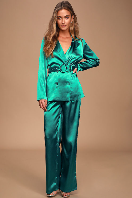 Quest Teal Blue Satin Wide-Leg Pants 1