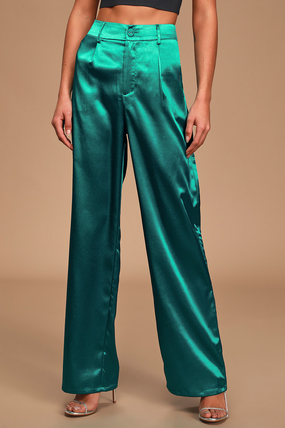 Charlie Holiday Quest - Wide-Leg Pants - Teal Satin Pants