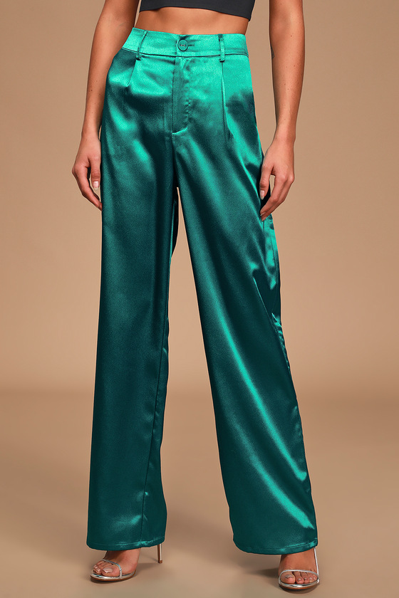 Charlie Holiday Quest - Wide-Leg Pants - Teal Satin Pants - Lulus