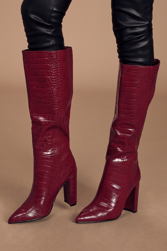 burgundy croc knee high boots