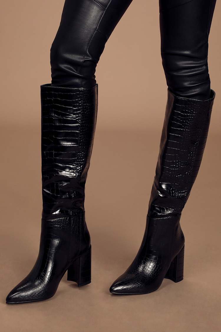 black croc patent boots