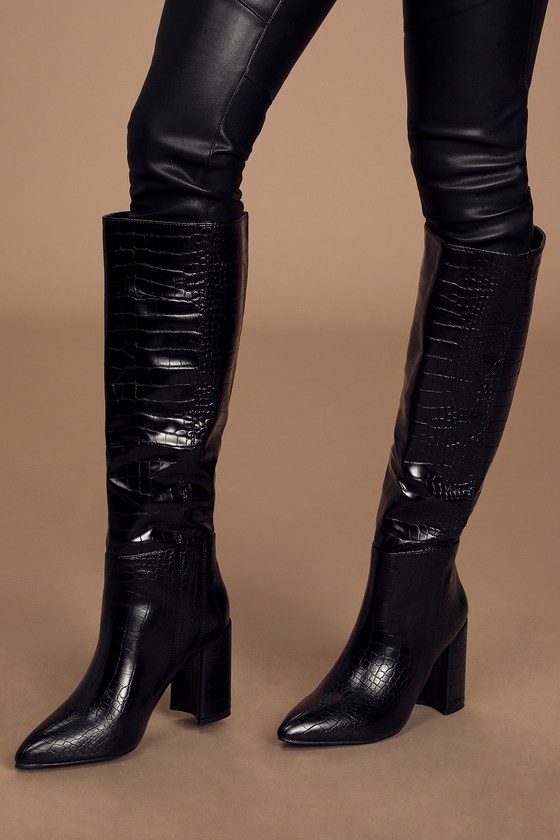 Katari Black Croc Pointed-Toe Knee High Boots