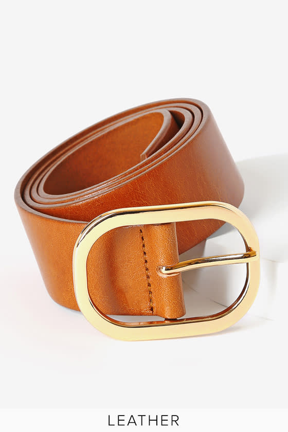 Cute Cognac and Gold Belt Oval Buckle Belt Genuine Leather