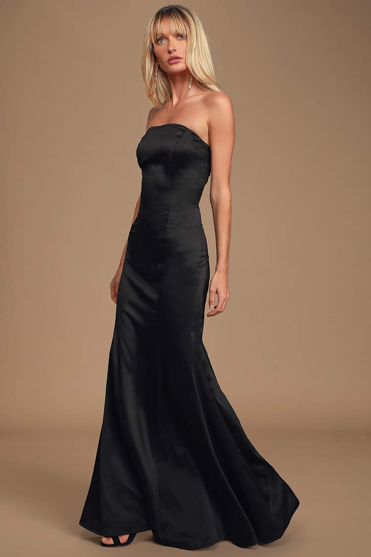 Hearts Run Wild Black Satin Strapless Maxi Dress